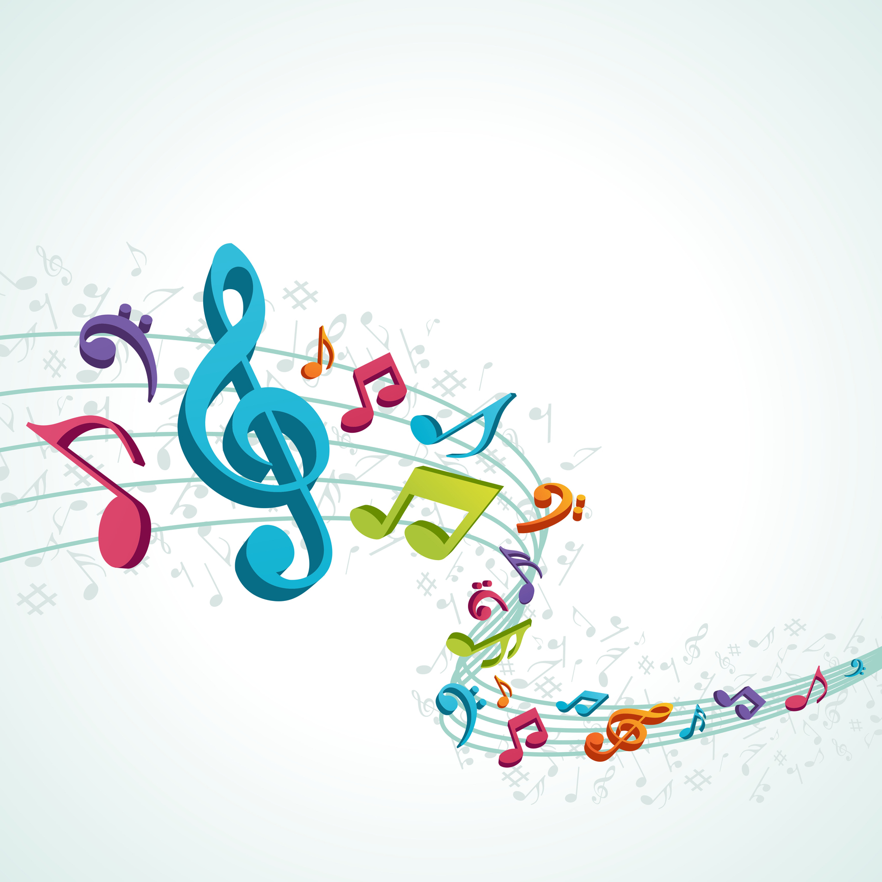 Abstract melody with fly colorful 3d music notes vector background